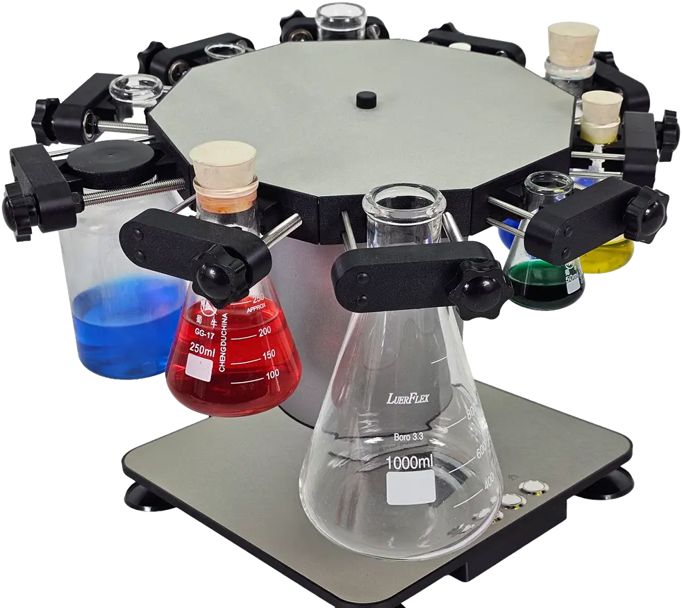 Side view showing Shakeum controls and flasks in motion