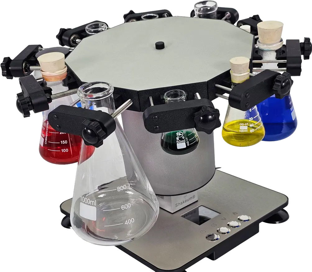 Top view of shaker with multiple colorful flasks secured in clamps