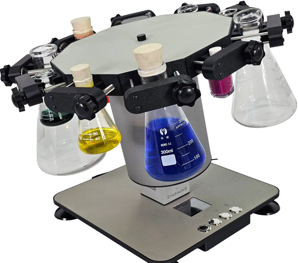 Side view showing Shakeum controls and flasks in motion
